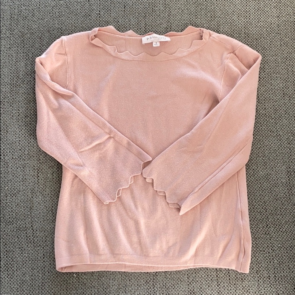 Pink Scallop Neck and Sleeve Sweater